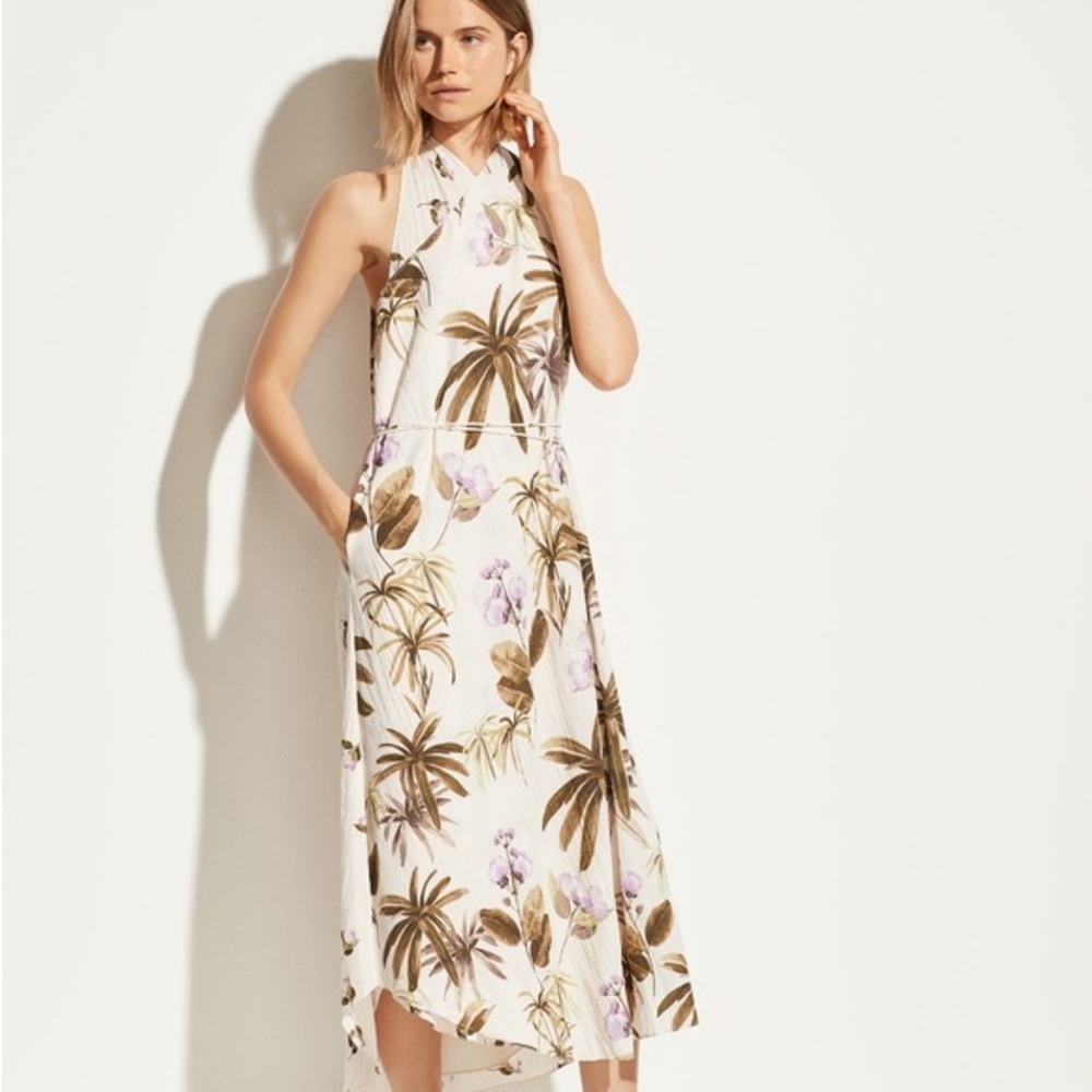 Vince Floral-print Crinkled-crepe Halterneck Midi Dress